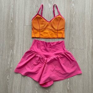 Aerie Offline Seamless Shorts and Sports Bra Workout Set Pink Orange